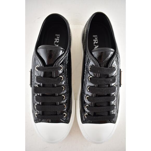 Prada Smash Naplak Black White Patent Logo Flat Low Top Trainer Sneaker 39.5 - Picture 11 of 16